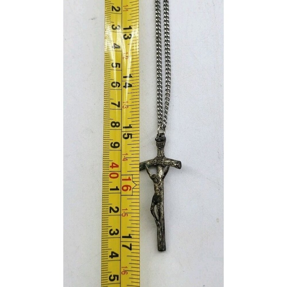 Vtg Cross Crucifix Pendant INRI Silver Tone Necklace Stamped Italy 30" Chain - Picture 8 of 8